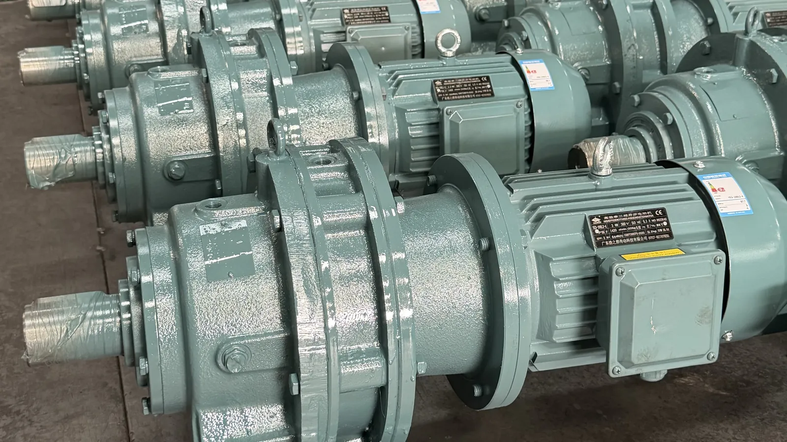 Photographed rows of assembled cycloidal gearmotors